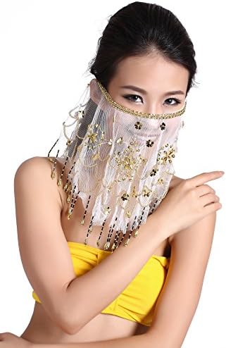 Feimei Exotic Belly Dance Face Veil Egyptian Dance Headpiece with bead (White)