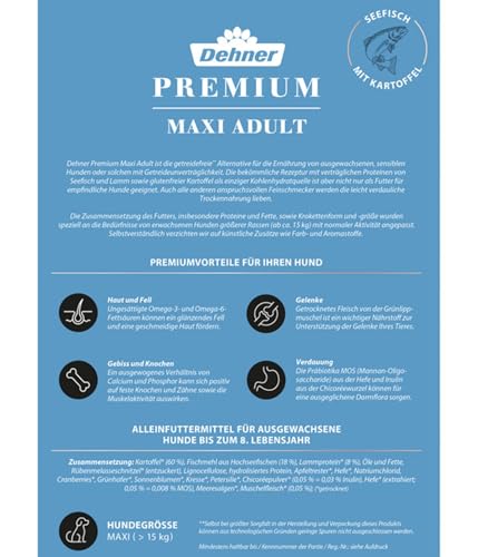 Dehner Premium Hundefutter Maxi Adult, Trockenfutter getreidefrei, für ausgewachsene Hunde großer Rassen, Fisch / Lamm / Kartoffel, 4 kg