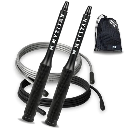 Comba CrossFit de Velocidad Ajustable – Comba de Velocidad para Saltar Fitness y Boxeo con Mangos de Aluminio y Doble Rodamiento – 2 Cables de Acero + Bolsa de Transporte – MYTITAN®