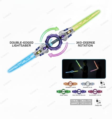 Image of Fire Spin Sword Double-Edged Lightsaber Toy with Color LED Lights and Sound Effects, 360 Rotating Blade, Role-Play Battle Toy for Kids