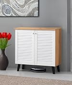 LERIMO 2-Door Engineered Wood Shoe Rack, 4-Tier Wooden Shoe Rack for Entryway, Shoe Storage Cabinet with Doors Adjustable Shelves, Wooden Shoes Rack Organizer (Wotan Oak-White, 2 Door)