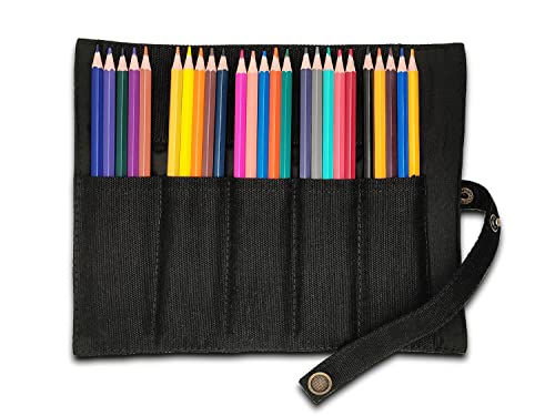 Image of Funny live Pure Color Pen Pencil Wrap Pencils Roll Holder,Simple Retro Style Pen Pouch Bag Coloring Pencils Organizer Holder Colored Pen Paint Brush Storage Pouch (Black)