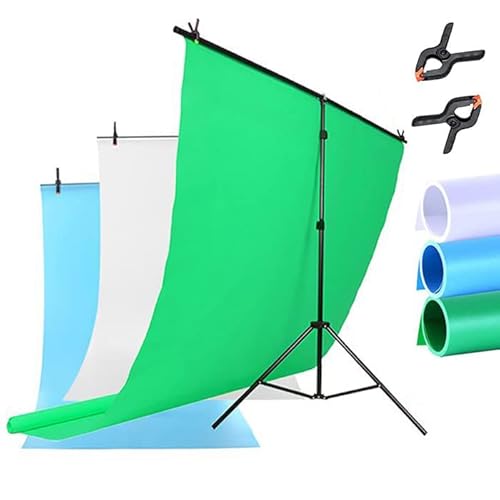 T Stand 2 x 2m (6.5 x 6.5ft) Background Support Kit Kompaktes/portables Kit Aluminium Verstellbares Stativ mit Querstange, 2X Tiger Clamp Clips mit 2 x 3m (6.5 x 9.8ft) Chromakey Green Background Cover