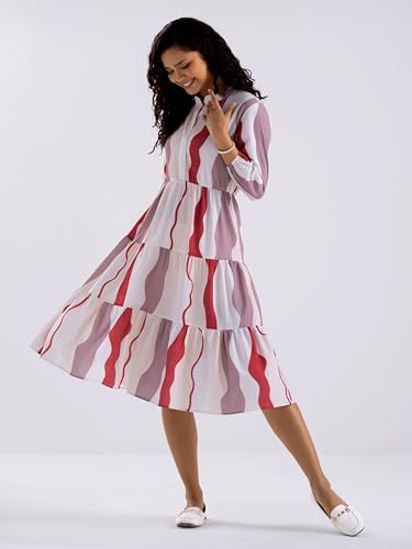 Image of AASK Women Diamond Creap Striped Printed Mandarin Collar Fit & Flare Dresss