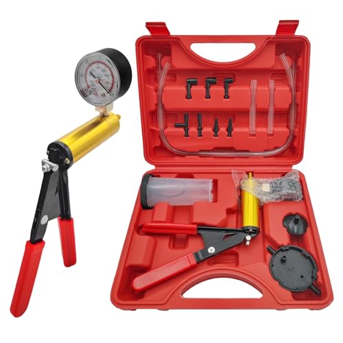 VCYOPN Hand Held Vacuum Pump Brake Bleeder Kit, One-Man Brake Clutch Oil Fluid Bleeding System with Gauge Adapters, Vacuum Pump Pressure Tester with Protected Case for SUV Truck Bike (Red)