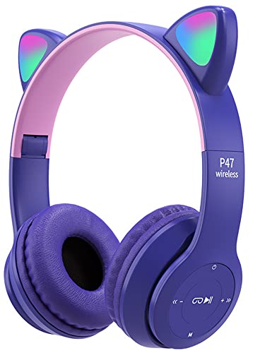 kieyeeno Wireless Bluetooth Headphones, Foldable Wireless Audio Headphones for Children Adults Cute Cat Ear, Microphone Stereo Audio Headphones Boys Child Girl for Phones PC Purple
