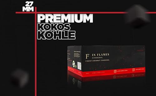 In Flames - 1kg Bundle - Premium Kohle 27er Hochwertige Kokosnuss Briketts - mit extra Langer Brenndauer - Würfel 27mm Kohle Premium Qualität Naturkohle wenig Asche