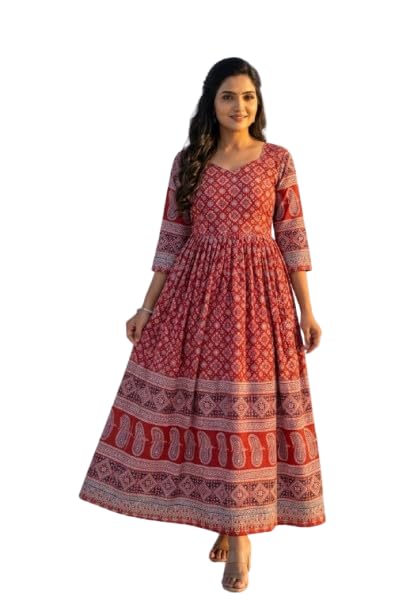 Women's Pure Viscose Rayon Bandhani Printed Anarkali Gown with 3/4 Sleeves | Flared Ethnic Maxi Dress for Casual, Festive (Red)-picture-24