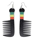 Teri's Boutique Black African American Jamaican Afro Hair Comb Rasta Color Details Wood Light Weight Long Dangle Drop Fashion Earrings