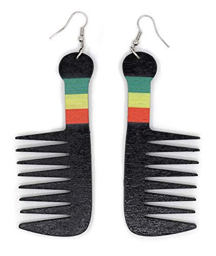 Teri's Boutique Black African American Jamaican Afro Hair Comb Rasta Color Details Wood Light Weight Long Dangle Drop Fashion Earrings