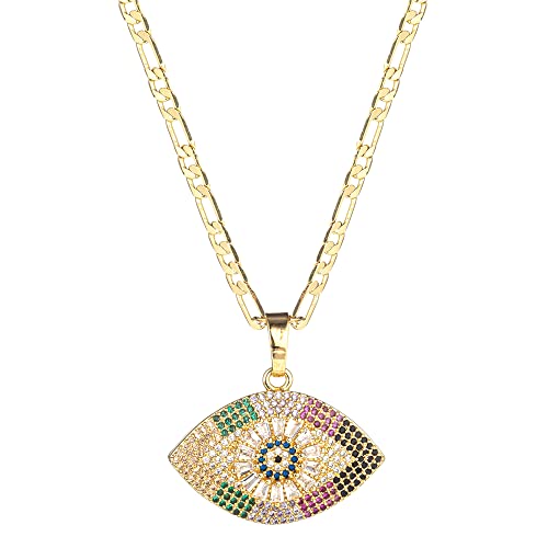 kelistom Evil Eye Necklace for Women | 18K Gold Plated Cubic Zirconia Inlay Evil Eye Pendant Necklace | 3mm Figaro Chain Necklace 18/22 inches (chain length: 18", colored evil eye)