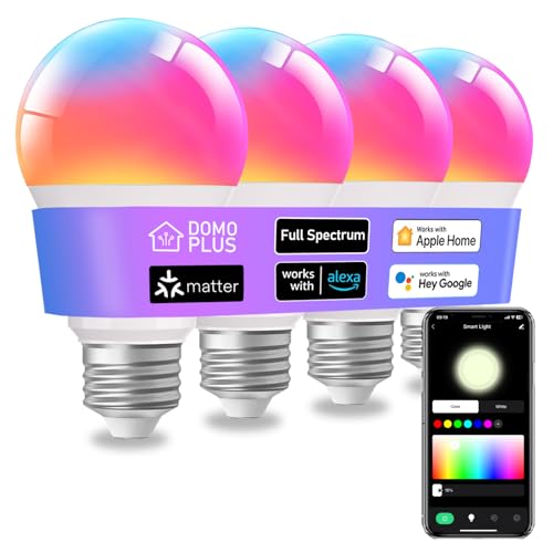 DomoPlus Matter Smart Light Bulb, A19 WiFi Smart Bulbs, Recessed Can LED Color Changing Light Bulbs RGBW, Works with Matter, Alexa and Google Assistant, 2.4Ghz Only, E26 800 Lumen, 4 Pack