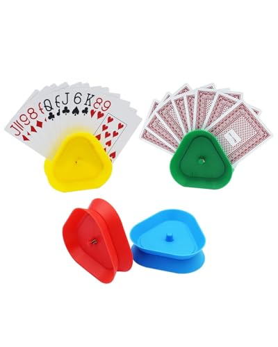 HUVZOR 4Pcs Soporte Triangular para Juegos de Cartas, Sujetador de Naipes de Plástico para Niños y Adultos - Ideal para Partidas Familiares y Reuniones, Diseño Antideslizante y Fácil de Almacenar.