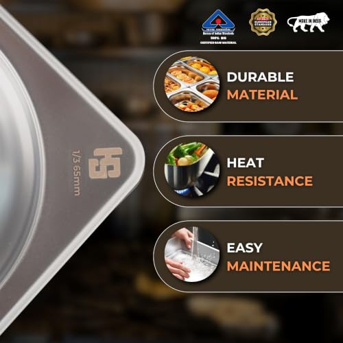 Image of HS Stainless Steel GN Pan Third Size 1 /3 65mm Depth 2.25L Capacity Anti-Jam Design 100% BIS Certified Raw Material European Standard Made in India 32.5 x 17.6 x 6.5 cm Professional Kitchen Grade