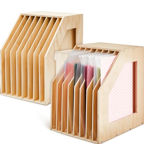 ReliThick 2 Pcs 12x12 Paper Storage Organizer Wood Slope Design Scrapbook File Sorter Storage Shelf for Holding 8 Slot Heat Transfer Paper Portfolio Filing Crate Album Glass Holder for Office School