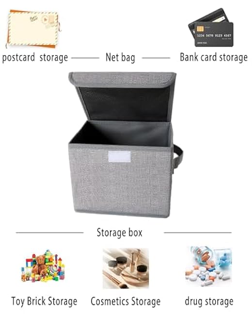 Small Storage Box, Storage Basket with Lid, Foldable Cotton Linen Fabric Keepsake Box, Organizer Container with Zipper for Decorative, Medicine, Greeting Card Organizer.(Gray)