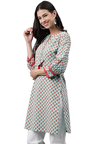Image of Janasya Women's Light Green Cotton Floral Printed Regular Tunic