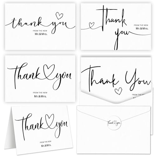 Justforjoyful 50sets Wedding Thank You Cards with Envelopes and Stickers 4 Designs Mr and Mrs Thank You Notes Bulk Wedding Gift Cards Thank You Cards for Guests Wedding Party Decor Supplies 6 X 4 Inch