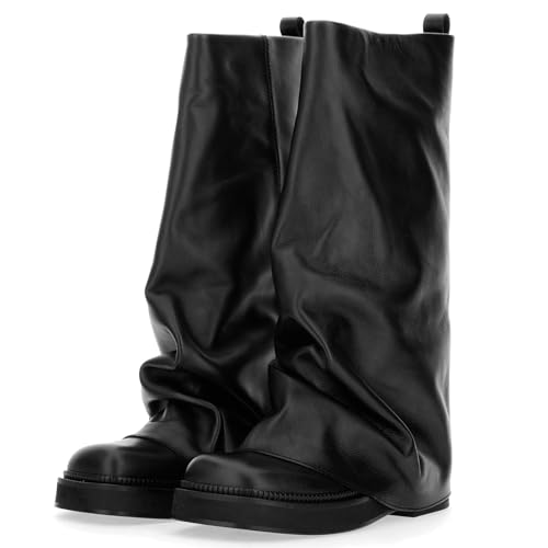 ClassicSter Slouch Fold Over Boots for Women Knee High Moto Boots Low Heel Sloucy Motorcycle Shoes Comfortable Mid Calf Boot