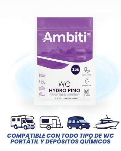 Miniatura 7 de Ambiti Wc Hydro Monodosis Hidrosolubles Para Depósito De Residuos De Autocaravanas,Caravanas Y Campers Antibacteriano Elimina Deshechos Orgánicos Y Papel Higiénico Fragancia Pino 15ud
