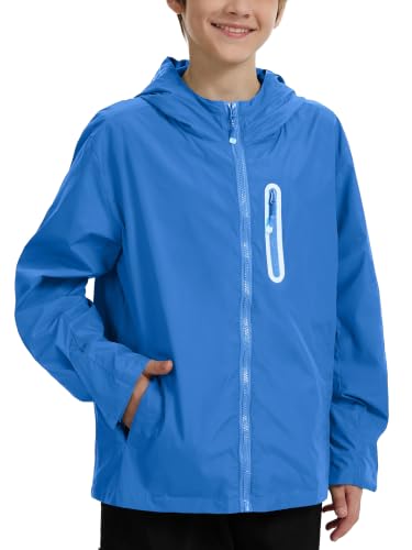 Image of UIQUR Boys Girls Rain Jacket Kids Waterproof Raincoats 5-14 Years | Hooded Lightweight Windbreakers with Zipper Pockets Cycling Camping Running School Lightweight