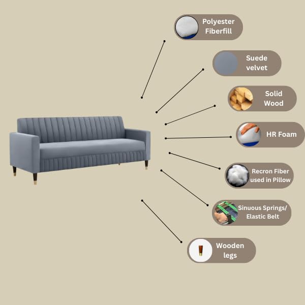 Image of AMATA Omega 4 Seater l Shape Light Grey Suede Velvet Fabric Sofa Set with Four Cushions Perfect for Home Office Guests Living Room (Omega Light Grey, L Shape 4 Seater)
