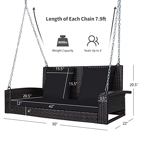 Relax4Life Porch Swing 2-Seat Patio Rattan, Wicker Porch Swings Outdoor W/ Two 7.9 Ft Solid Steel Chain, Comfortable Back & Seat Cushions, For Front Porch, Garden, Backyard Patio Swing (Black) #TOP6