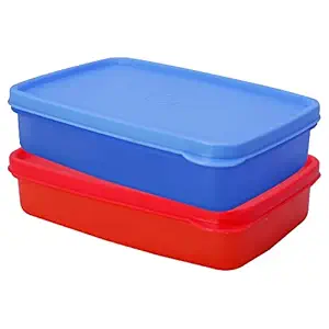 Bon Bon Big Lunch Box for Kids, Office Men & Women, Box with Compartments, PP Food Grade, Microwave Safe, Reusable Lunch Box, Leak Proof, 2 Pcs of 1100 ml, Red & Blue Color