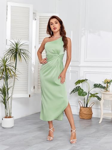 Image of Women's One Shoulder Satin Silk Backless Split Wrap Hem Twist Ruched Summer Party Cocktail Midi Dress