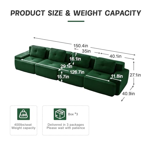 Image of 153 inch Extra Large 4-Seater Modular Boneless Couch, Luxury Corduroy Fabric, Deep Seat Cloud sectional Sofa with Buckle Connection, No Assembly Anti-Slip Couch for Big Living Room, Green