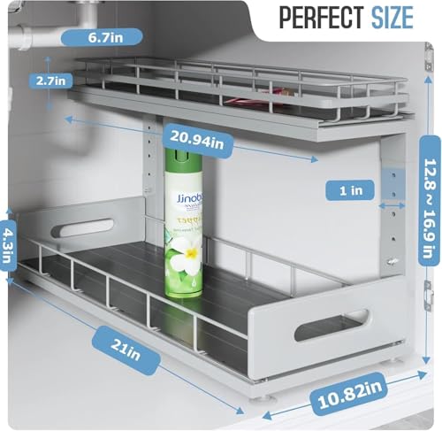 Image of Under Sink Organizer Upgrade To Professional Rails,2-Tier Dual Pull Out Cabinet Storage,Height Adjustable Slide Out Drawers For Bathroom Kitchen,1 Pack-21 inchDx12.8 inch-16.9 inchH,Gun Gray