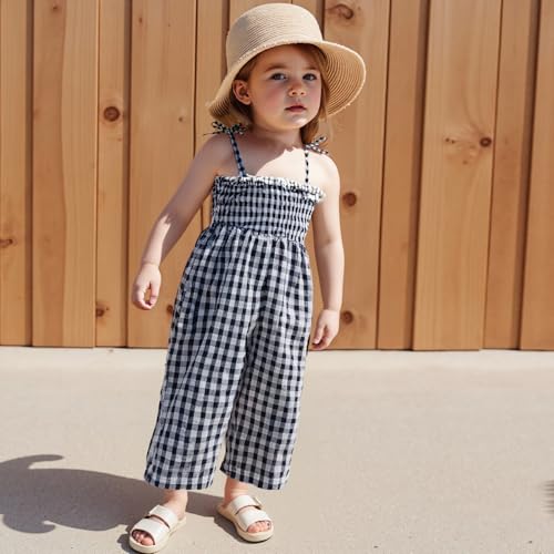 Baby Flare Jumpsuit Toddler Girl Smocked Romper Plaid Wide Leg Overalls Floral Flare Pants Sleeveless Strap Playsuit3