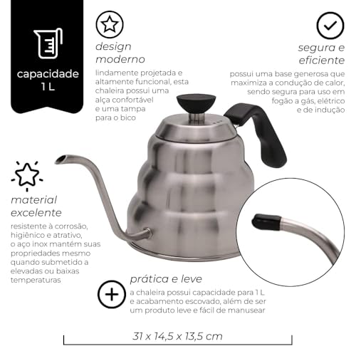 Chaleira de Aço Inoxidável com Bico Fino 1L - Ideal para Café e Chá