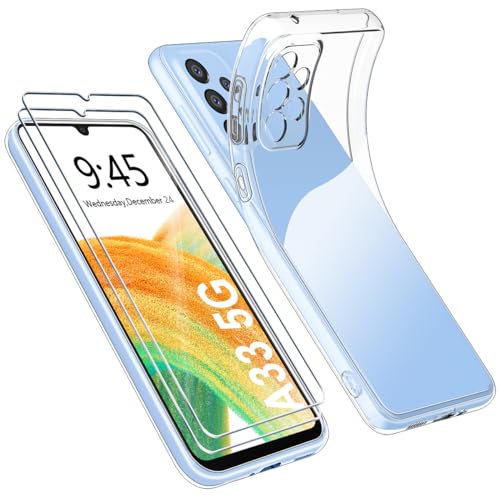 Ruayia Funda para Samsung Galaxy A33 5G con 2 Protectores de Pantalla de Vidrio Templado, Funda Móvil Samsung A33 5G Protectora Carcasa Silicona Suave Ultra Fina, Ligera – 6.4" - Transparente