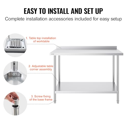 Image of VEVOR 24 x 48 x 36 Inch Stainless Steel Work Table, Commercial Food Prep Worktable Heavy Duty Prep Worktable, Metal Work Table with Adjustable Height for Restaurant, Home and Hotel