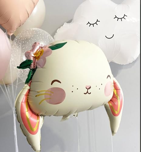 Bunny Foil Balloon – Cute Floral Bunny Head with Ears – Pastel Easter or Baby Shower Decoration – Rabbit Balloon for Girls Birthday Party, Spring or Woodland Theme