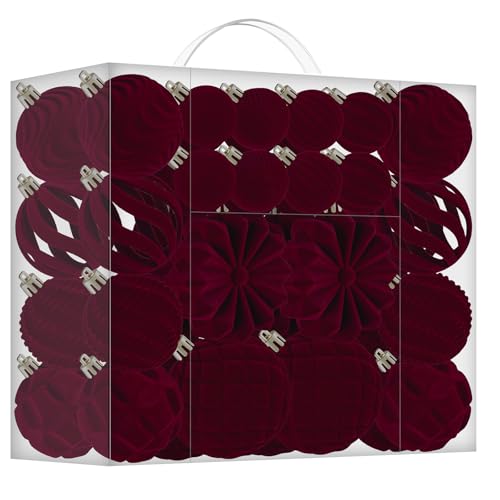48PCS Burgundy Velvet Christmas Ornaments,Shatterproof Flocked Assorted Ornaments for Xmas Tree Decorations Included 3.15, 2.36, and 1.57 inches Christmas Balls