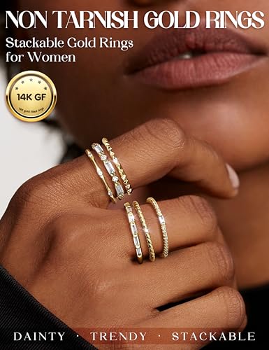 FIBO STEEL Gold Rings for Women Non Tarnish Dainty Stackable Ring Set Hypoallergenic Cubic Zirconia Wedding Band Promise Bands for Her Women's Jewelry Size 5-102