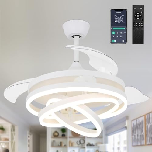 Image of oltao Enigma Modern 42-Inch Dimmable Chandelier Ceiling Fan - White | with Copper BLDC Motor & Retractable Blades | Summer-Winter Mode LED Light Fan with Remote & App Control - for Living Room