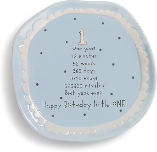 DEMDACO Happy Birthday Little One Blue Polka Dot 7 x 7 Circle Stoneware One Year Cake Dessert Plate