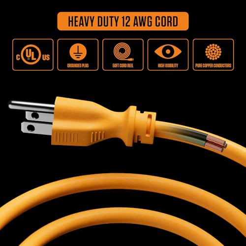 Masterplug 50ft Cord Reel, Metal Steel Cable Drum, Retractable Extension Lead with Winding Handle, Safety Overload Circuit Breaker and Power Switch, 4x Grounded Outlets, 15amps, 12AWG Cable