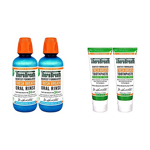 TheraBreath Gluten-Free Fresh Breath Oral Rinse, ICY Mint, 16 Ounce Bottle (Pack of 2) and TheraBreath Fresh Breath Toothpaste Fluoride Free Formula, Mild Mint Flavor, 4 Ounce Tube (Pack of 2
