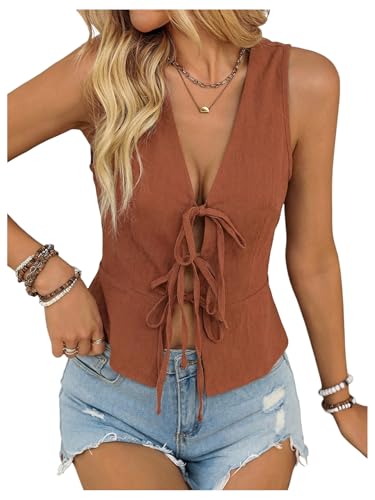 SweatyRocks Women's Tie Front Sleeveless Vest Tank Top Y2K Crop Top Going Out Western Outfits Rust Brown Large