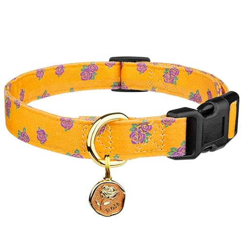 Cotton Dog Collar Yellow Rose with Pendant Cute Dog Collar M