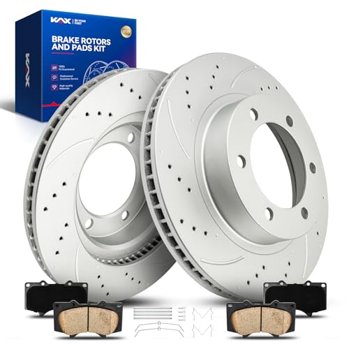 KAX Front Brake Kit Fits for Toyota Tacoma 2005-2021, 4Runner 2003-2009, FJ Cruiser 2007 2008 2009 2010 2011 2012 2013 2014, Drilled & Slotted Brake Rotors Ceramic Brake Pads Replacement Kit