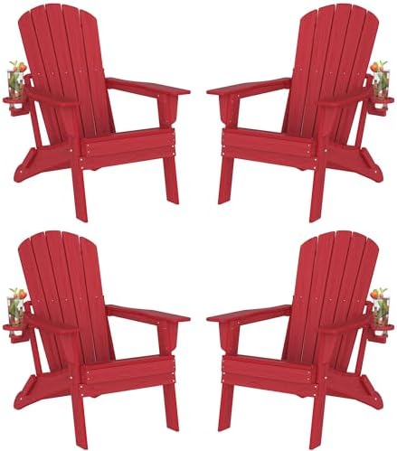 Plawdlik Folding Adirondack Chair Set of 4, SGS Tested, Wooden Textured with Cup Holder, Heavy All-Weather HDPE Comfortable Set Poolside Backyard Lawn,Red