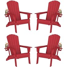 Plawdlik Folding Adirondack Chair Set of 4, SGS Tested, Wooden Textured with Cup Holder, Heavy All-Weather HDPE Comfortable