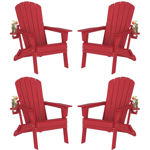 Plawdlik Folding Adirondack Chair Set of 4, SGS Tested, Wooden Textured with Cup Holder, Heavy All-Weather HDPE Comfortable Set Poolside Backyard Lawn,Red