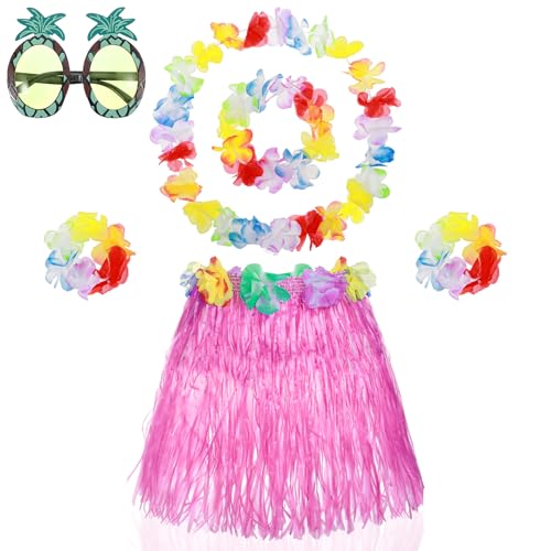 6 Stück Hawaii Mottoparty Kostüme Set,Hawaii Hula Rock,Hawaiianischer Hula Grasrock mit Halskette Armbänder Haarblume,Ananas-Sonnenbrille,Hawaiianische Verkleidung Tropische Party Dekorationen