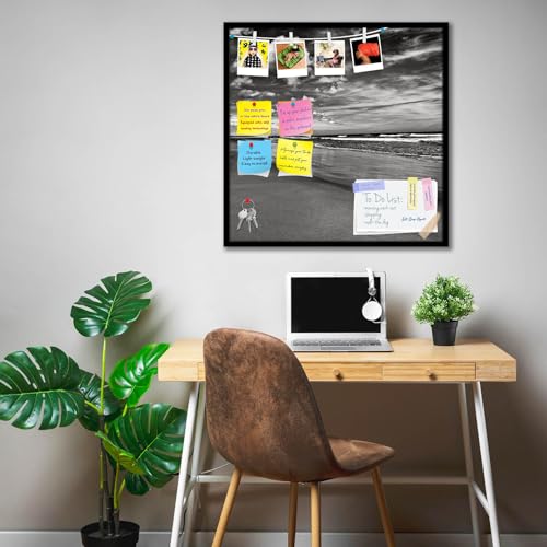Image of ArtzFolio Sea, Air, & Land Monochrome Contrast | Bulletin Board Notice Pin Board | Vision Soft Board Combo with Thumb Push Pins & Sticky Notes | Black Frame | 20 x 20 inch (51 x 51 cms)